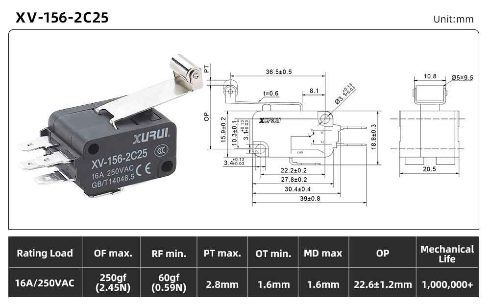 XV-15 Series Micro Switch (16A) XV-156-2C25