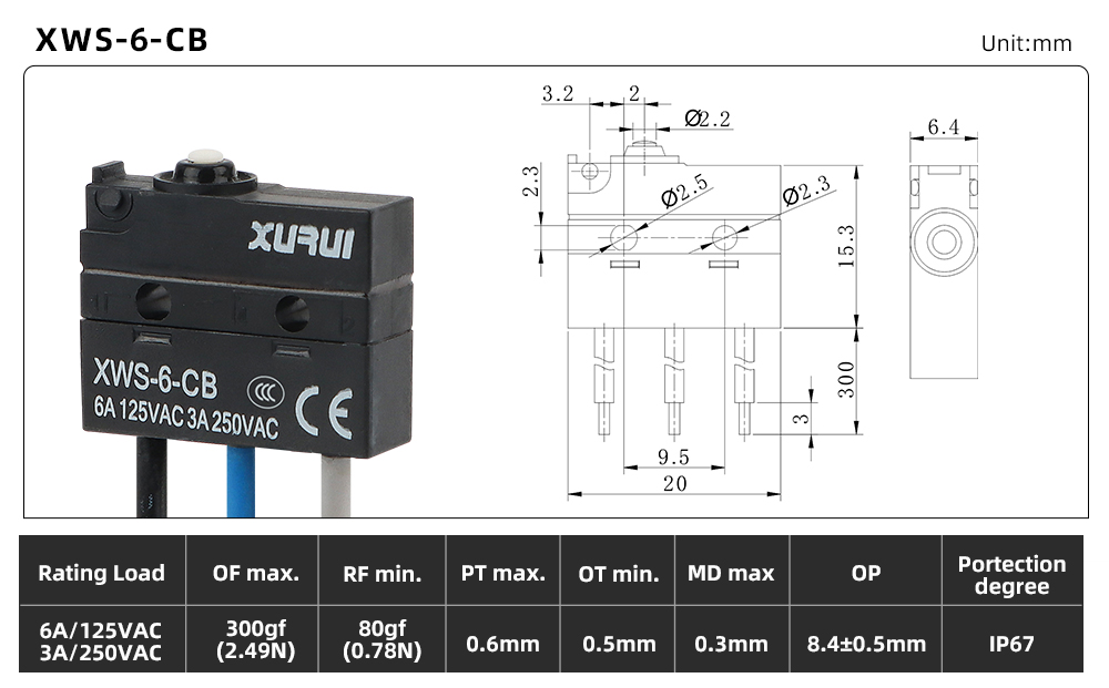 XWS-6 Waterproof Micro Switch XWS-6C-B dimension image