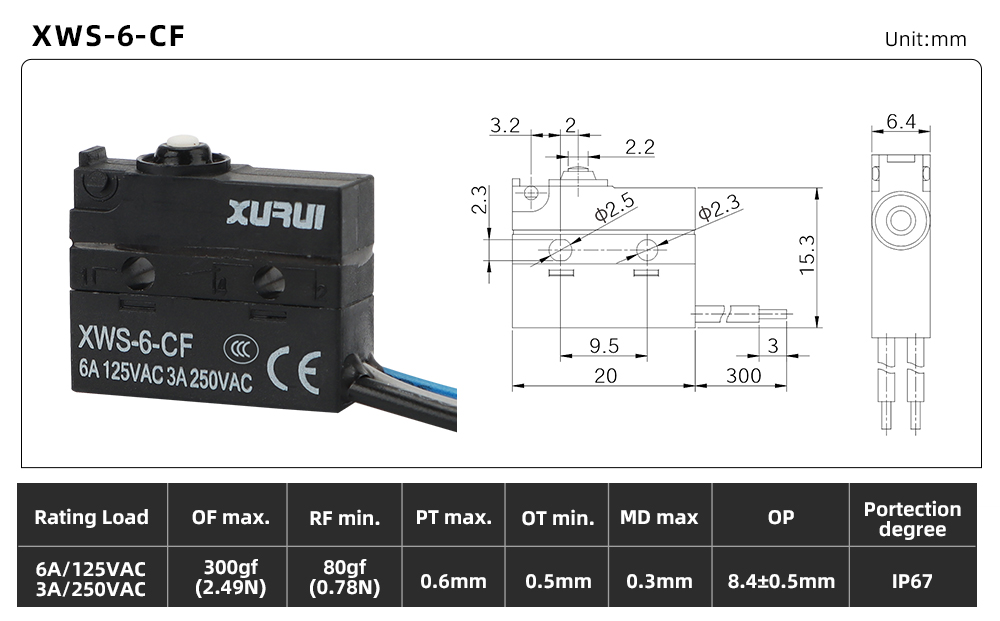 XWS-6 Waterproof Micro Switch XWS-6-CF dimension image