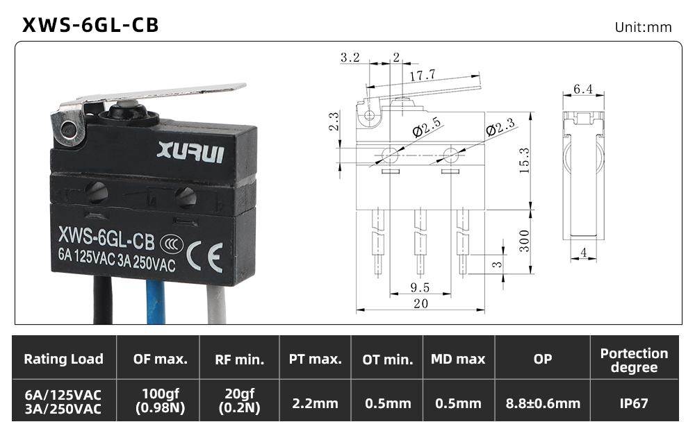 XWS-6 Waterproof Micro Switch XWS-6GL-CB dimension image