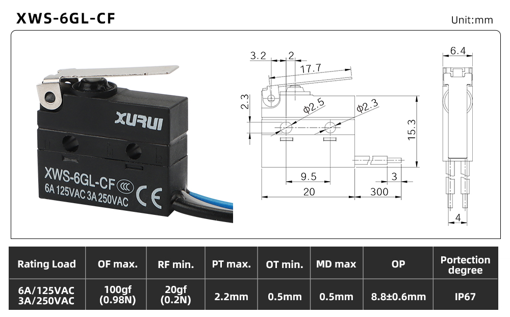 XWS-6 Waterproof Micro Switch XWS-6GL-CF dimension image