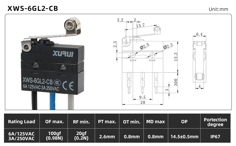 XWS-6 Waterproof Micro Switch XWS-6GL2-CB dimension image