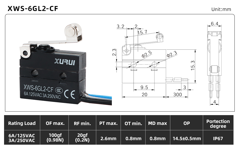 XWS-6 Waterproof Micro Switch XWS-6GL2-CF