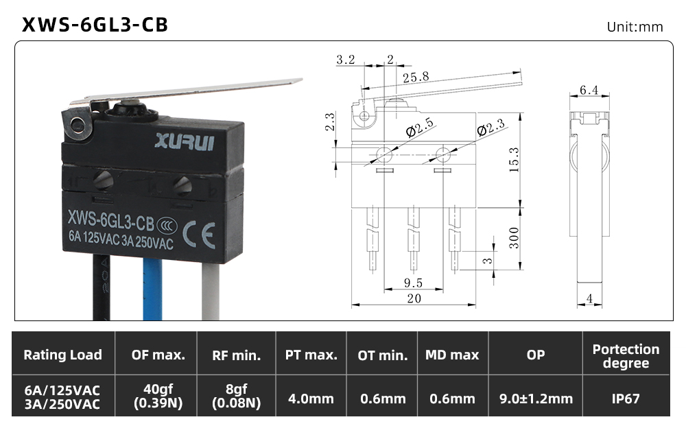 XWS-6 Waterproof Micro Switch XWS-6GL3-CB dimension image