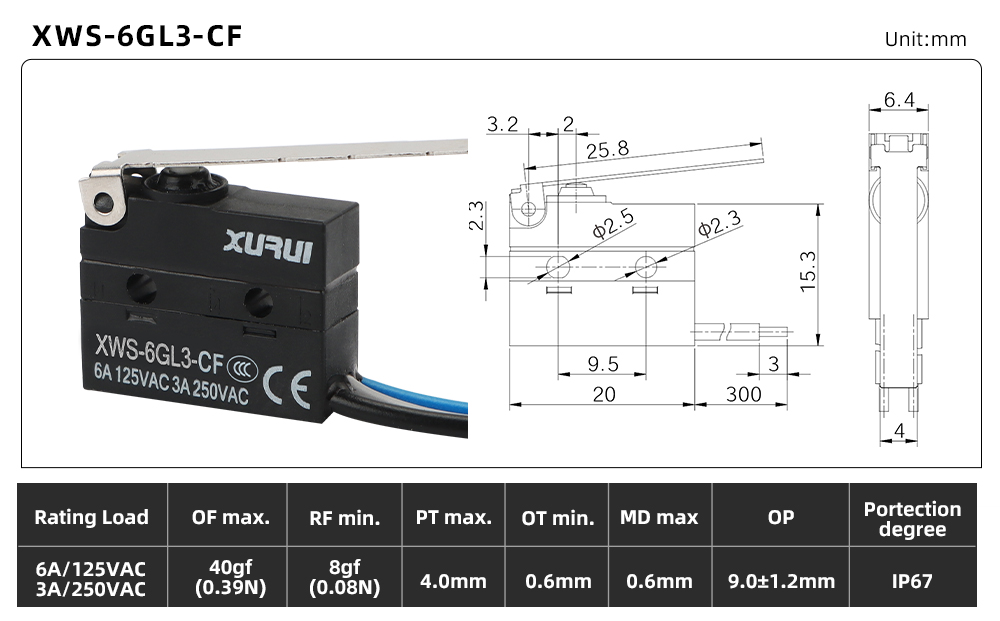 XWS-6 Waterproof Micro Switch XWS-6GL3-CF dimension image