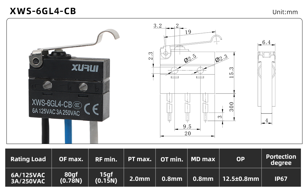 XWS-6 Waterproof Micro Switch XWS-6GL4-CB dimension image