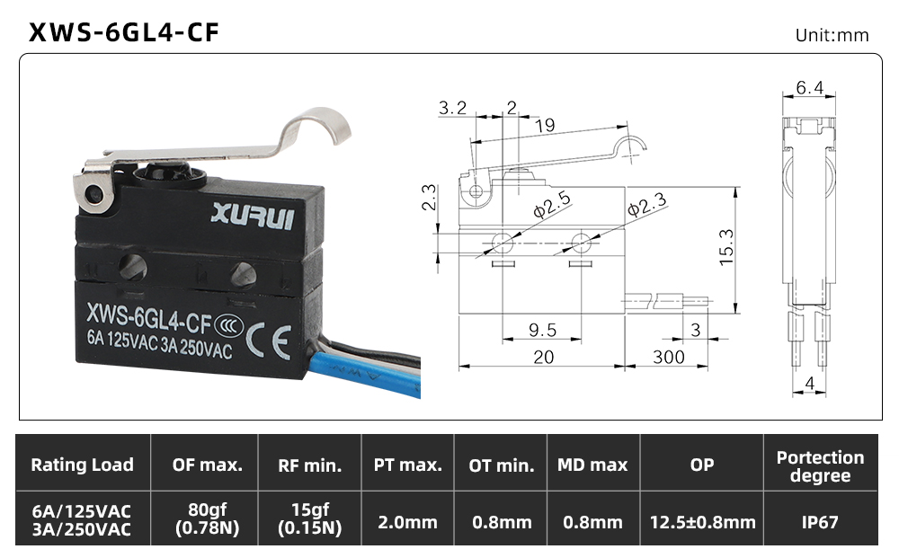 XWS-6 Waterproof Micro Switch XWS-6GL4-CF dimension image