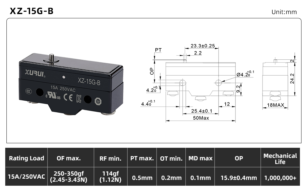 XZ-15 Series Micro Switch XZ-15G-B dimension image