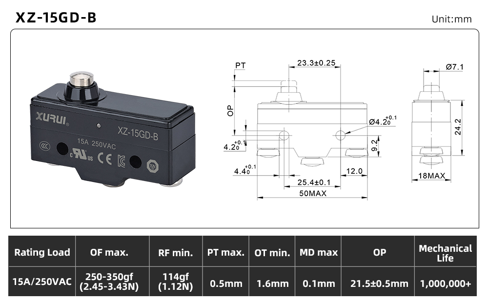 XZ-15 Series Micro Switch XZ-15GD-B dimension image