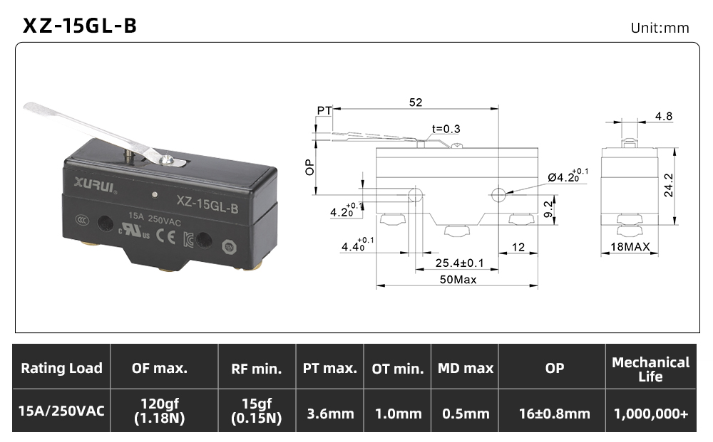 XZ-15 Series Micro Switch XZ-15GL-B dimension image