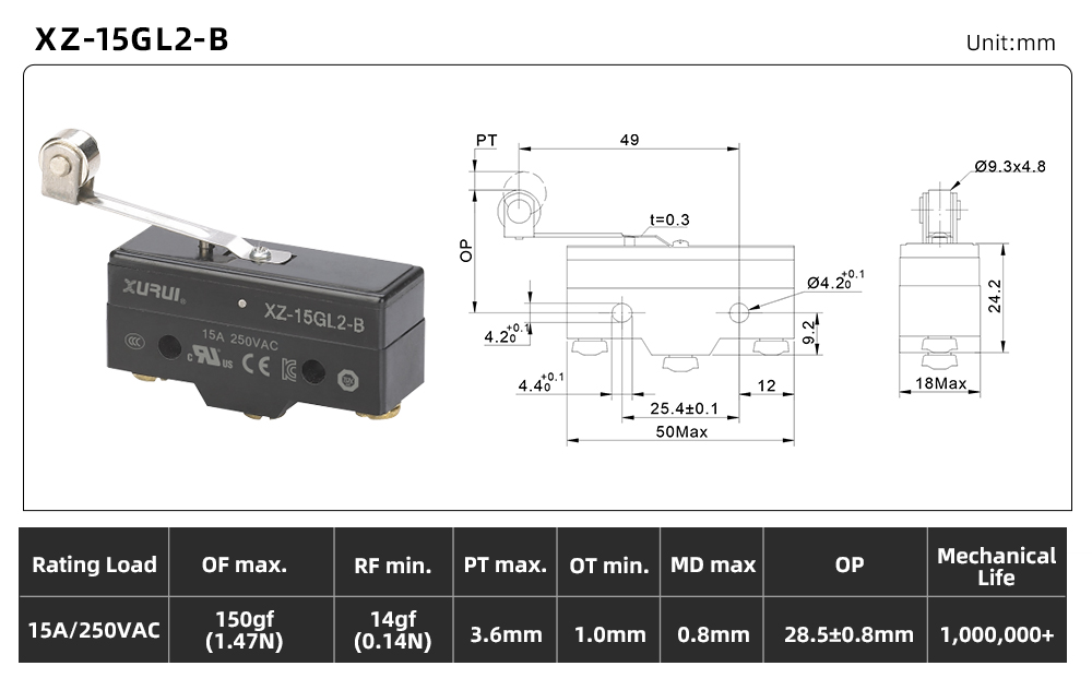 XZ-15 Series Micro Switch XZ-15GL2-B dimension image