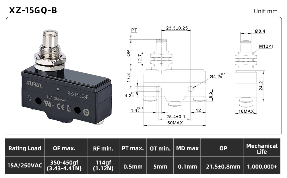 XZ-15 Series Micro Switch XZ-15GQ-B dimension image