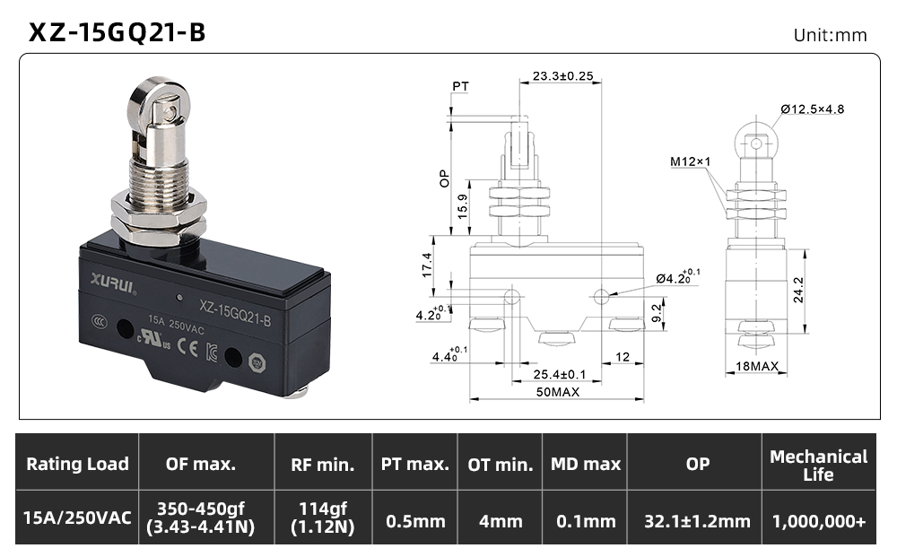 XZ-15 Series Micro Switch XZ-15GQ21-B dimension image