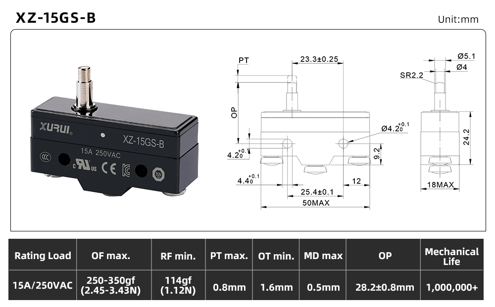 XZ-15 Series Micro Switch XZ-15GS-B dimension image