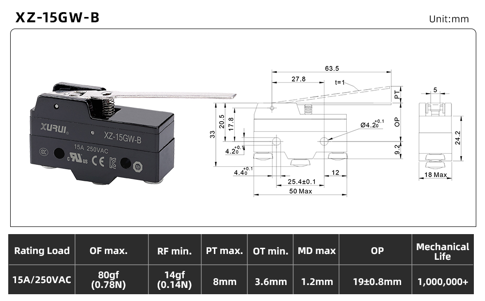 XZ-15 Series Micro Switch XZ-15GW-B dimension image
