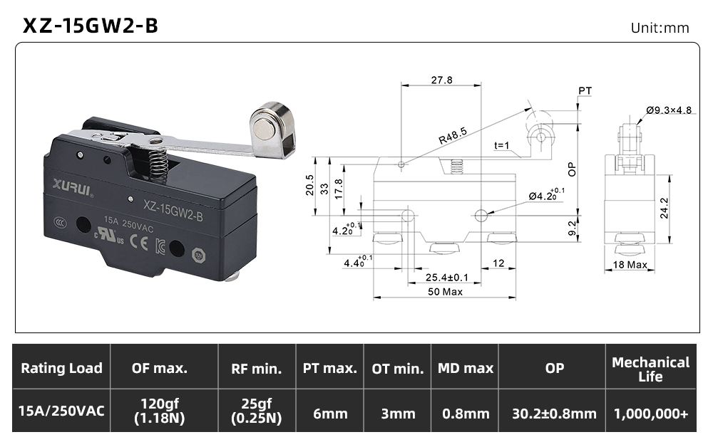 XZ-15 Series Micro Switch XZ-15GW2-B dimension image