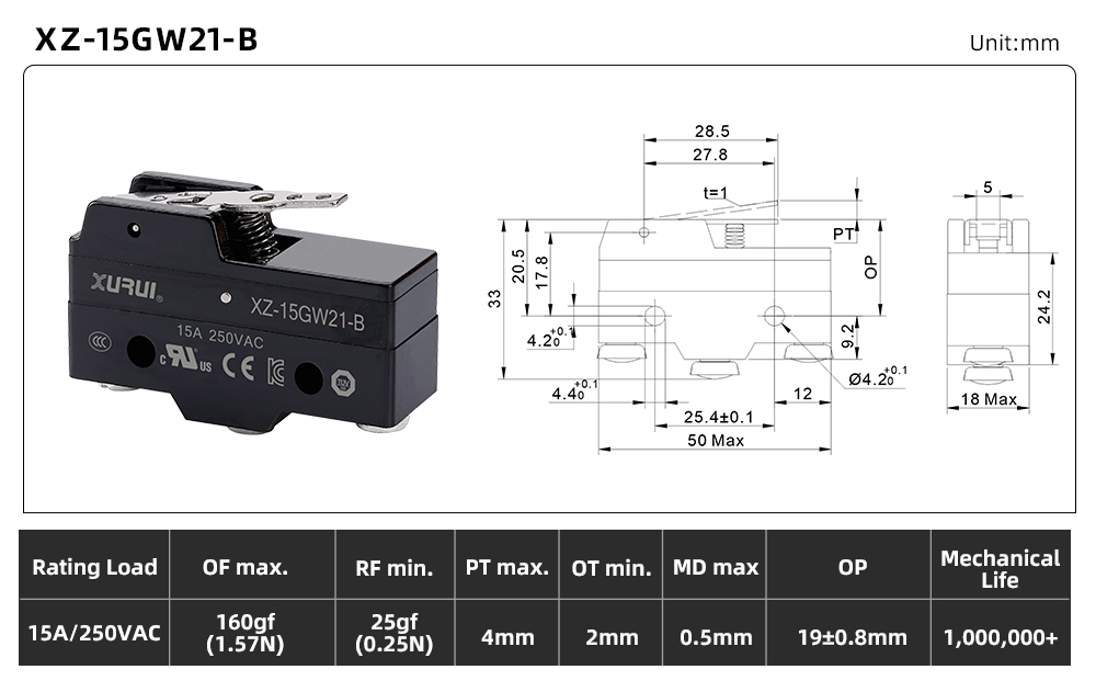 XZ-15 Series Micro Switch XZ-15GW21-B dimension image