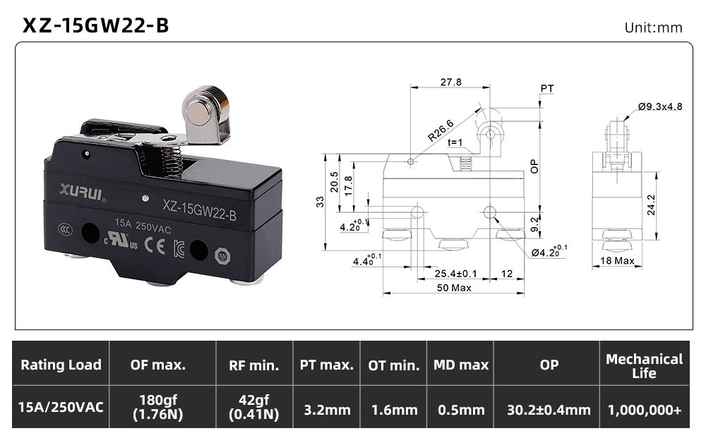 XZ-15 Series Micro Switch XZ-15GW22-B dimension image