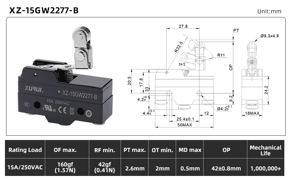 XZ-15 Series Micro Switch XZ-15GW2277-B dimension image