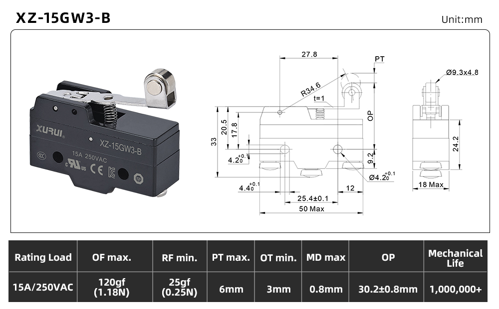 XZ-15 Series Micro Switch XZ-15GW3-B dimension image