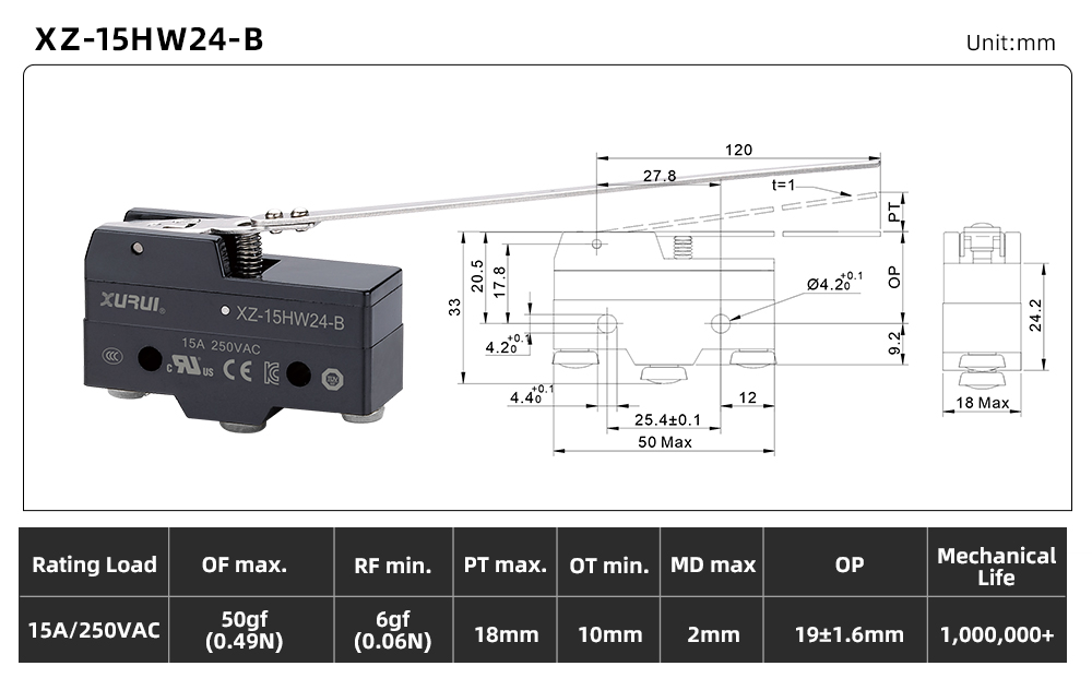XZ-15 Series Micro Switch XZ-15HW24-B dimension image