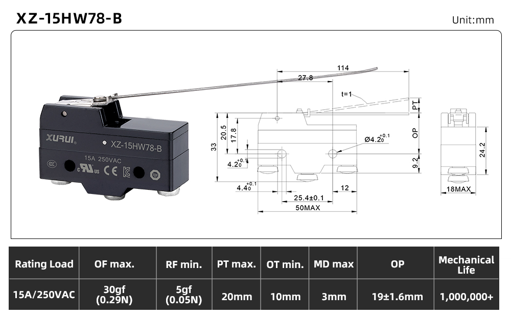 XZ-15 Series Micro Switch XZ-15HW78-B dimension image
