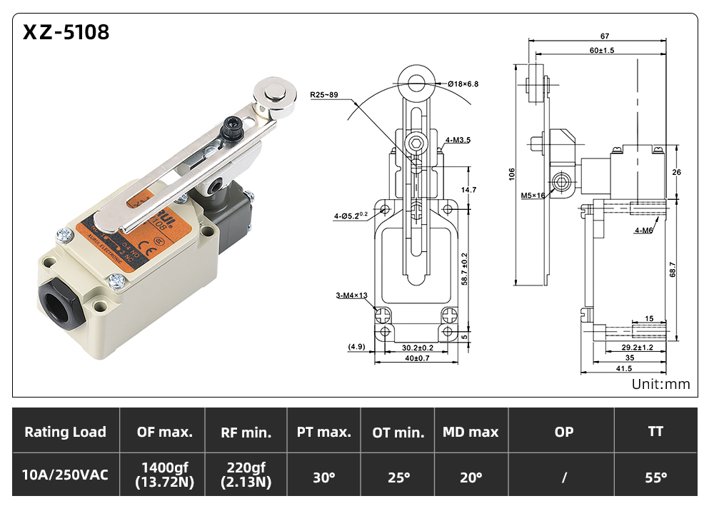 XZ5 Series Limit Switch XZ-5108 dimension image