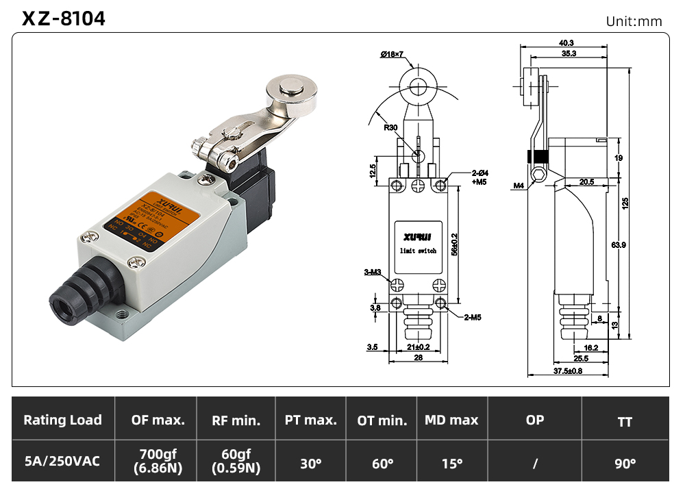 XZ8 (5A) Series Limit Switch XZ-8104 dimension image