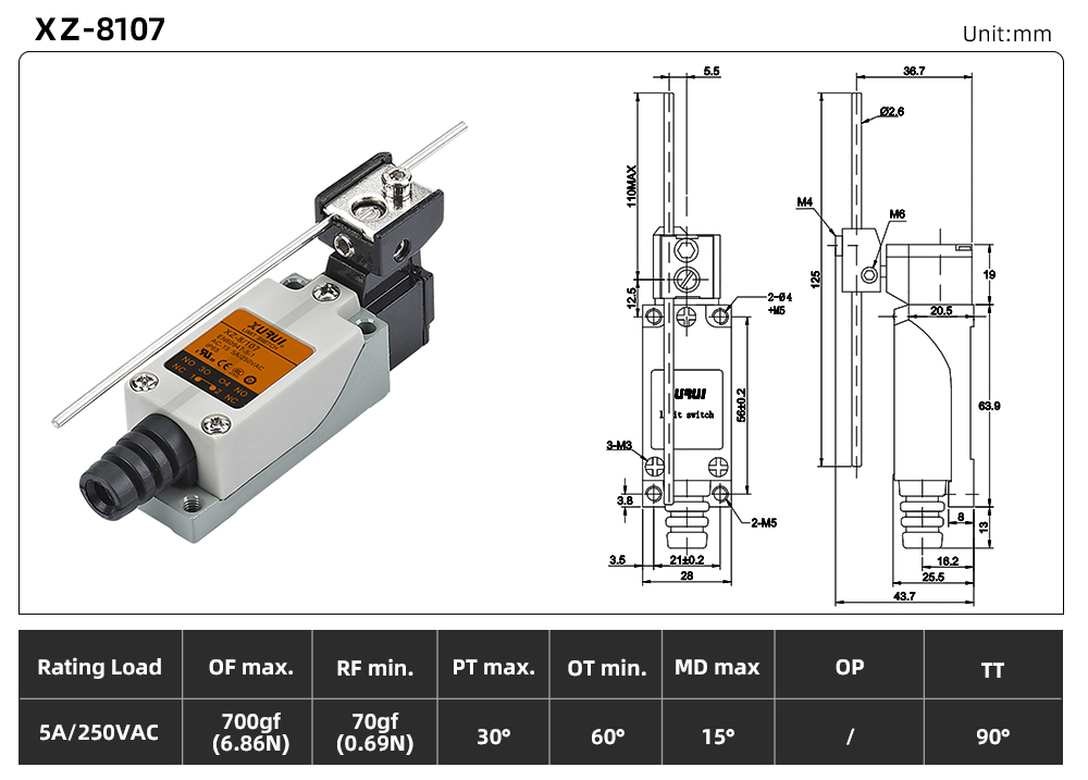 XZ8 (5A) Series Limit Switch XZ-8107 dimension image