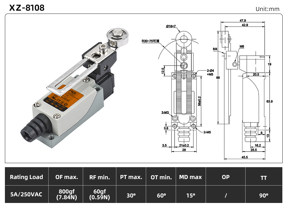 XZ8 (5A) Series Limit Switch XZ-8108 dimension image