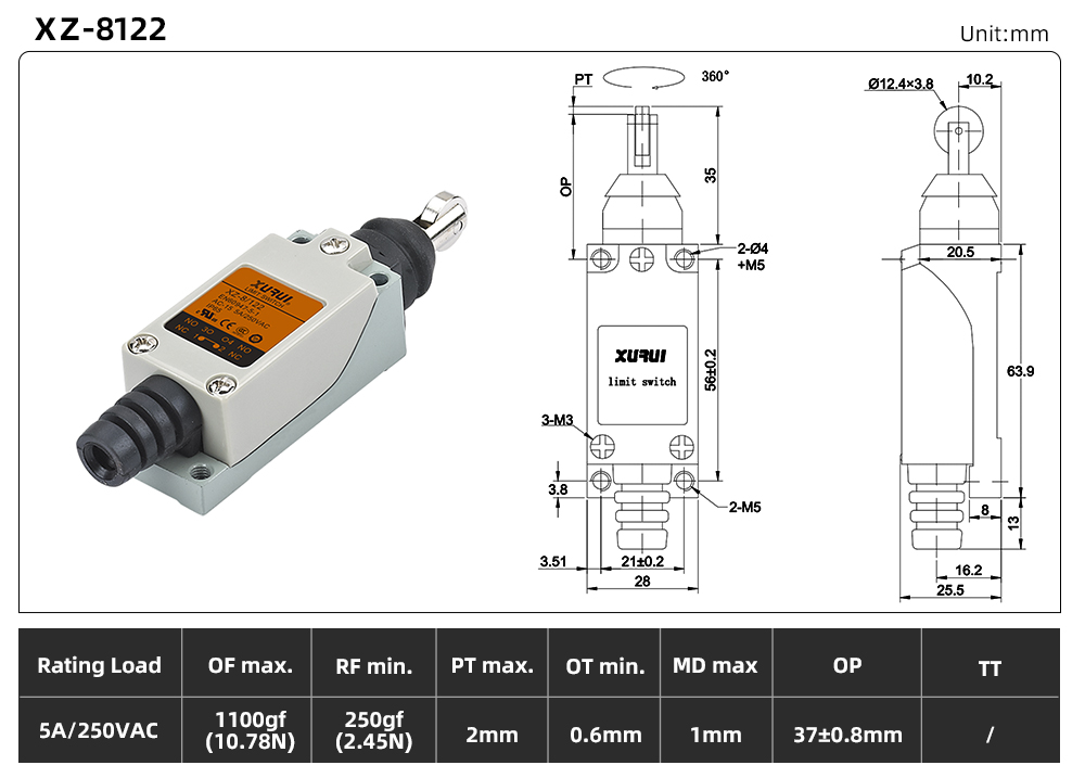 XZ8 (5A) Series Limit Switch XZ-8122 dimension image
