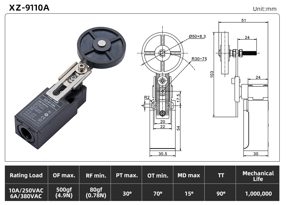 XZ9 Series Limit Switch XZ-9110A dimension image