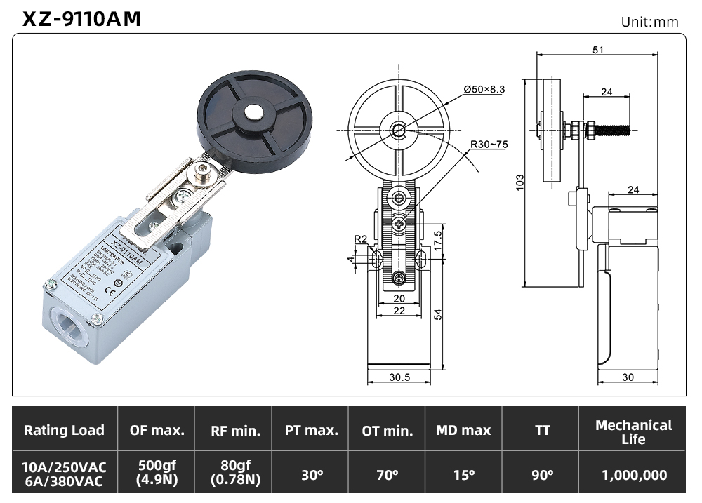 XZ9 Series Limit Switch – Metal Housing Version XZ-9110AM dimension image