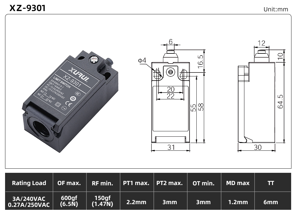 XZ-93 Series Limit Switch XZ-9301 dimension image