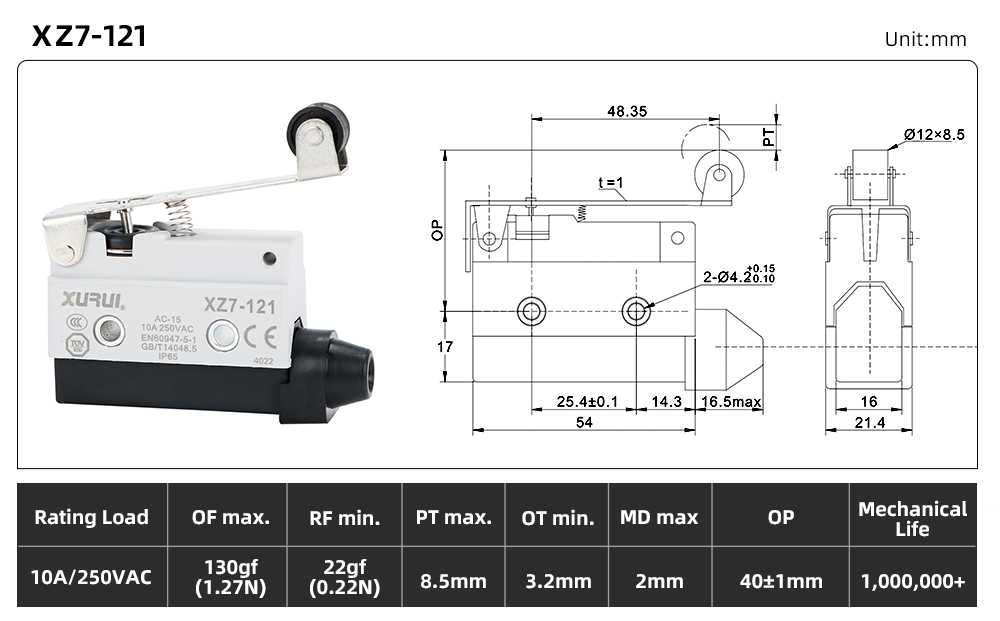 XZ7 Series Limit Switch XZ7-121 dimension image