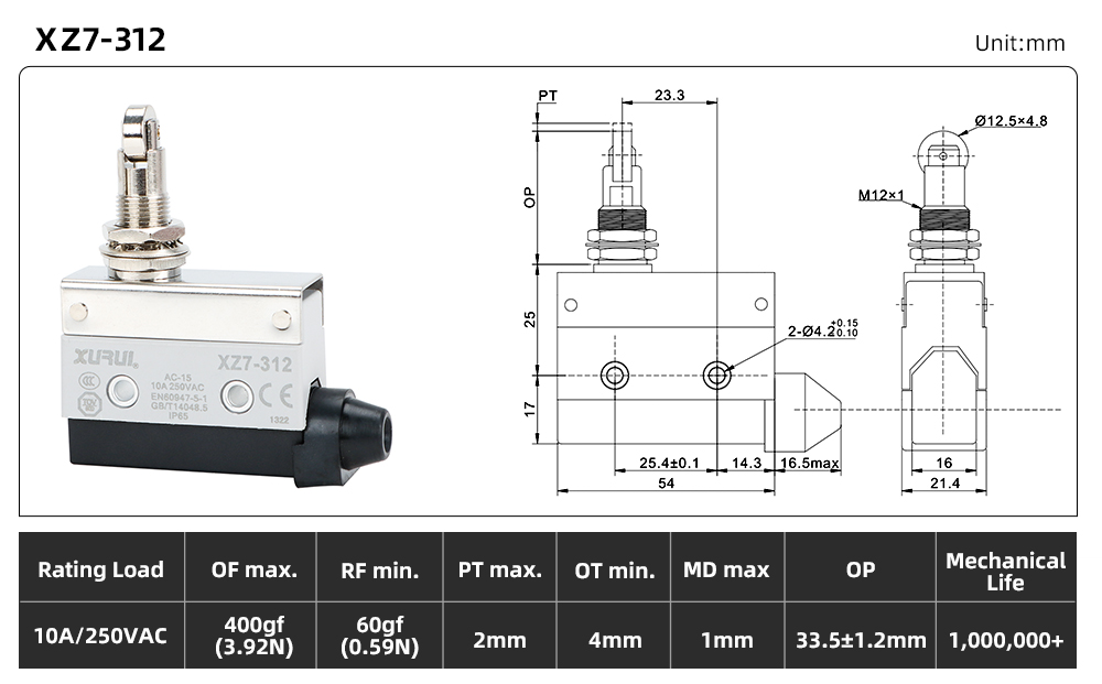 XZ7 Series Limit Switch XZ7-312 dimension image