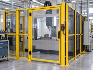 Interlocked machine guards around a CNC cell