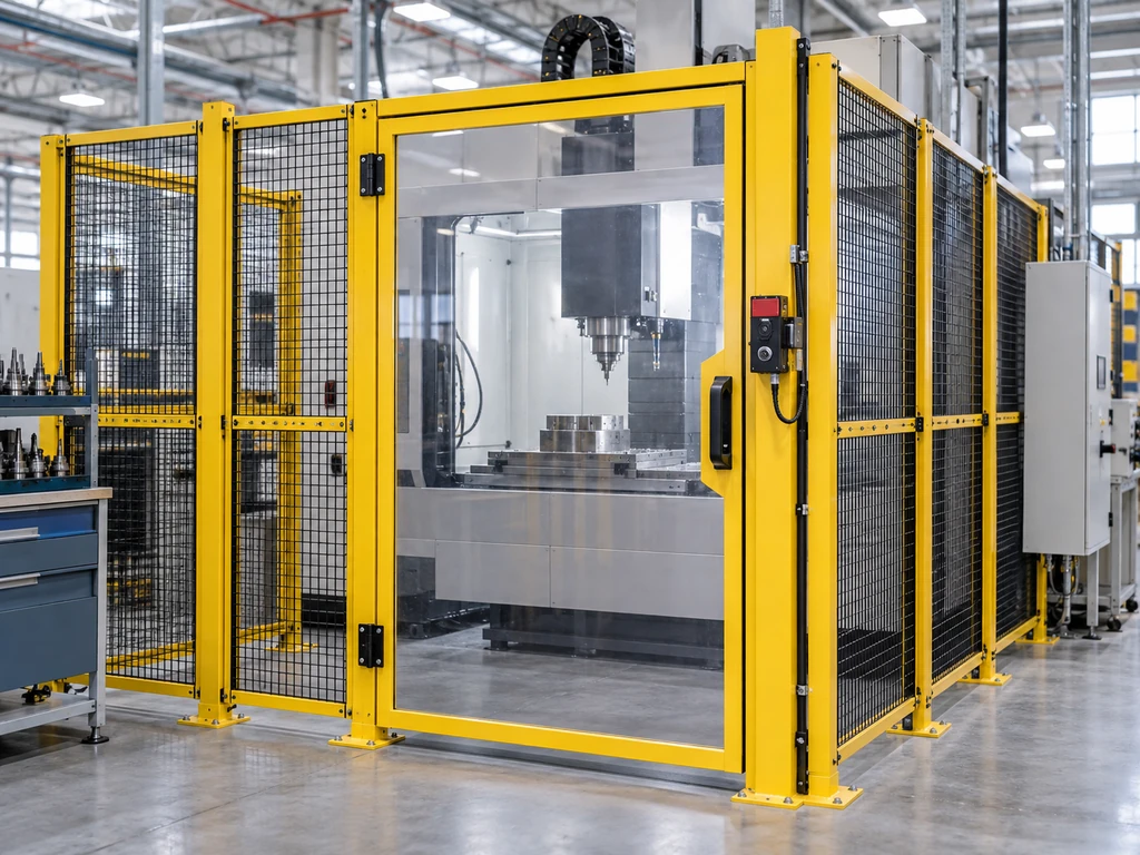 Interlocked machine guards around a CNC cell
