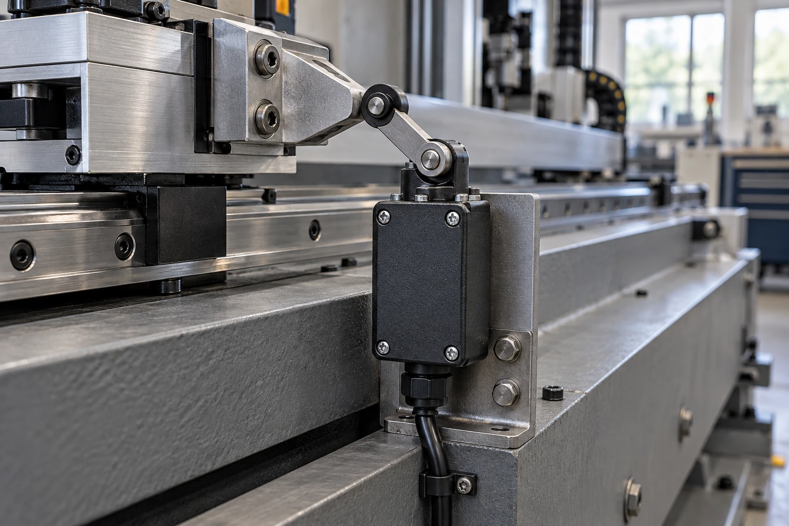 Roller-lever limit switch and actuating cam on a CNC axis