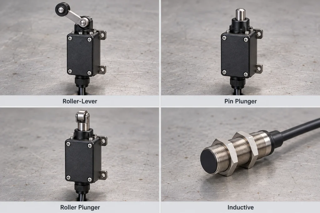 Roller-lever, pin plunger, roller plunger, and inductive sensors