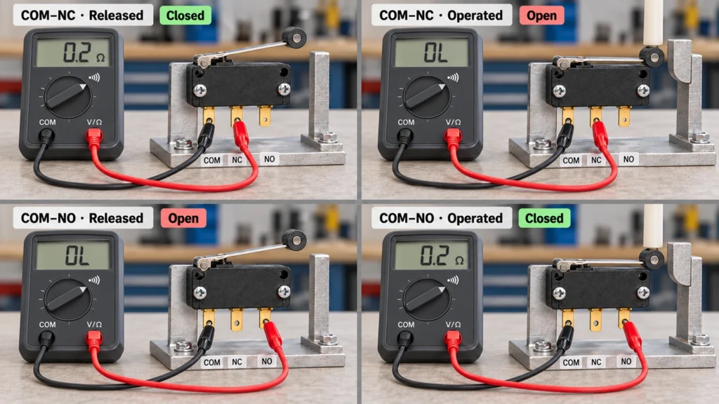 Limit switch multimeter continuity test