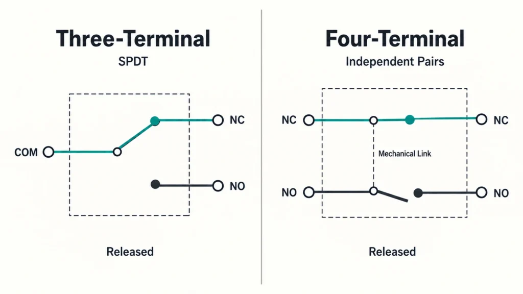 Three-terminal and four-terminal limit switch contacts