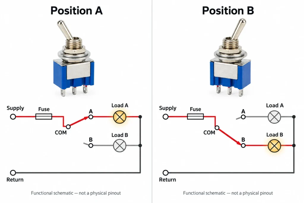 SPDT changeover wiring schematic selecting between Load A and Load B