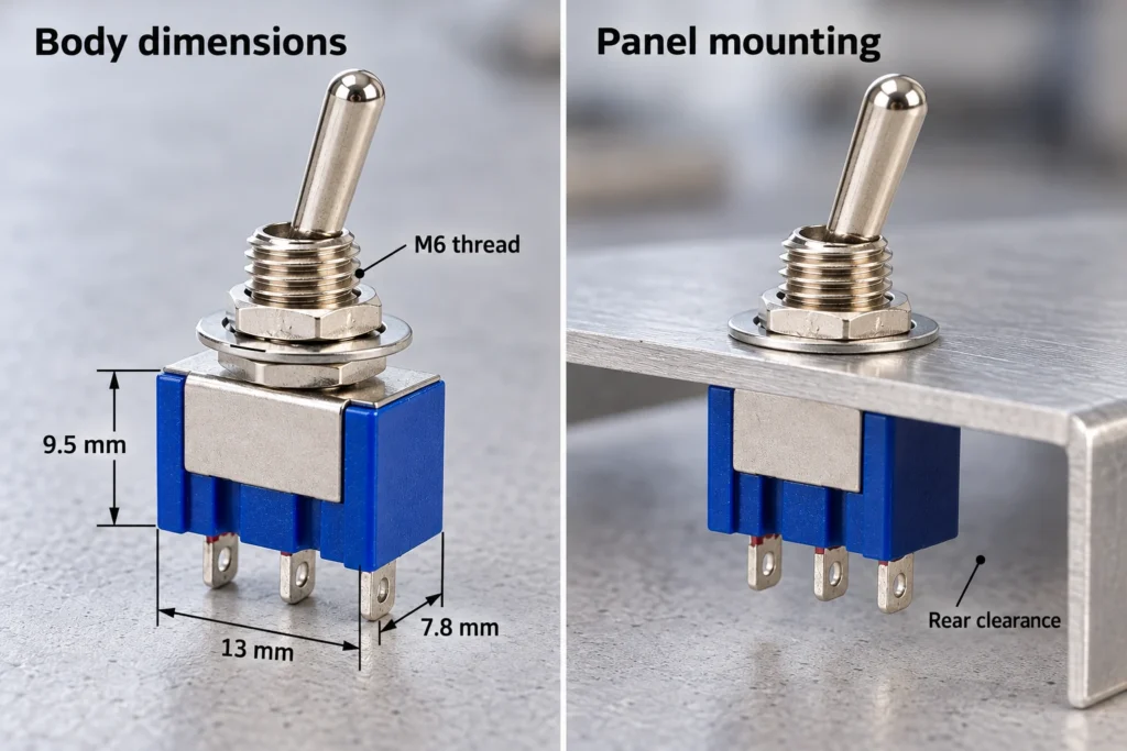 Illustrative toggle switch body dimensions and panel mounting with rear clearance