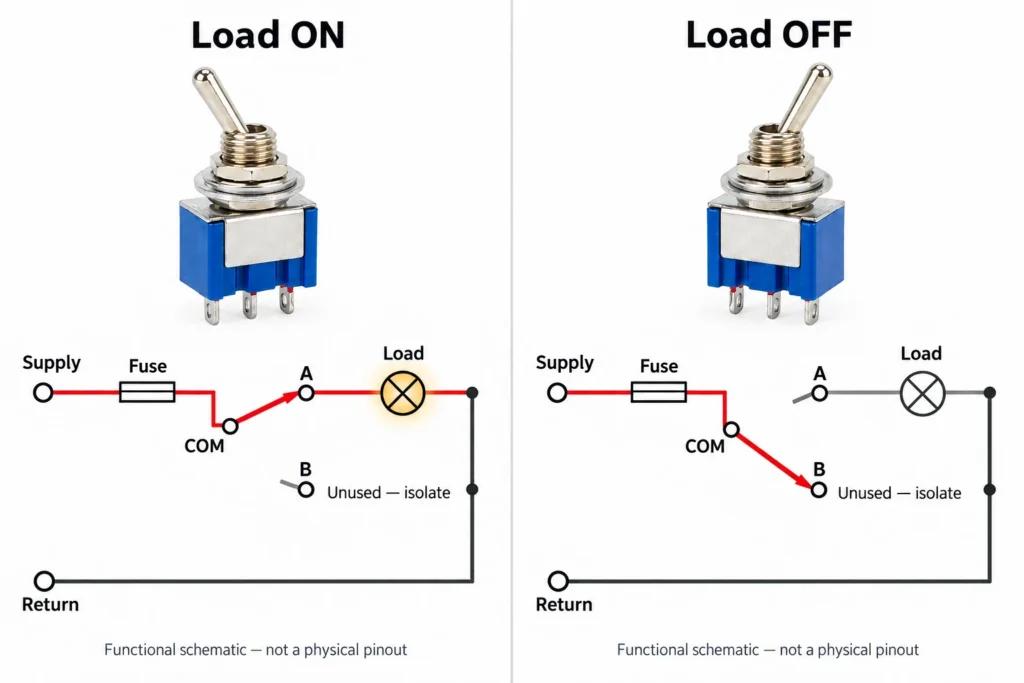 Single-load ON-OFF wiring schematic with terminal B left unconnected