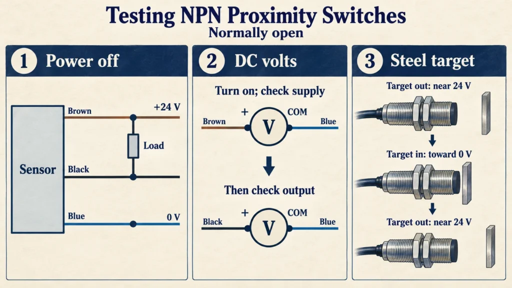 NPN proximity switch testing steps