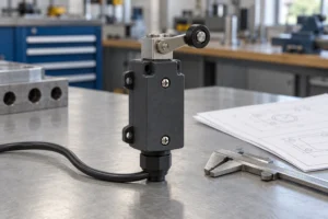 Generic roller-lever safety limit switch beside a caliper and technical drawings