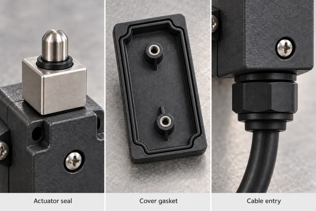 Limit switch actuator seal, cover gasket and cable entry details